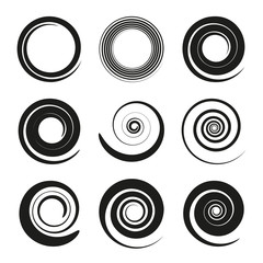 Set of black spiral and swirl motion elements. Swirling vector icons