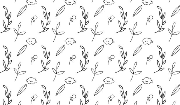Seamless pattern with hand drawn leaves and clouds. MInimalist design. Simple white background