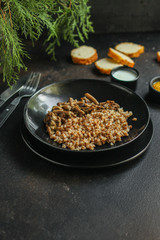 buckwheat with mushrooms (buckwheat porridge, no meat) vegetarian menu. top food background. copy space