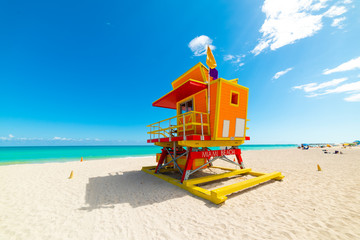Colorful lifeguard hut in world famous Miami Beach