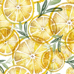 Papier peint Citrons Motif aquarelle transparente avec des citrons sur fond blanc.