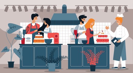 People in Pastry Shop Prepare Cake. Hobby Cooking.