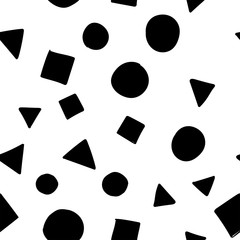 Seamless texture of basic shape doodles. Hand drawn squares, circles and triangles pattern.