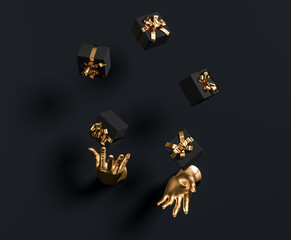 Gold hands sculpture juggle gift boxes on black background. Luxury happy birthday, holiday abstract giveaway concept. 3d illustration