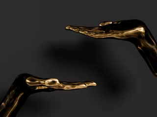 Wanddecoratie Zwart goud Black and gold Palm presenting gesture isolated on black background, abstract hand sculpture,  3d rendering,  © vpanteon