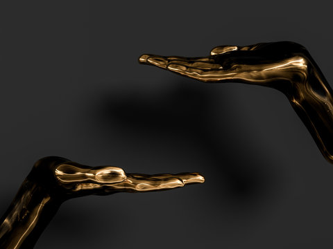 Black and gold Palm presenting gesture isolated on black background, abstract hand sculpture,  3d rendering,