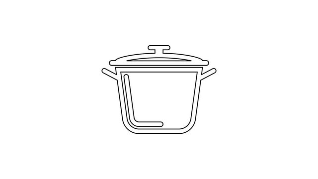 Black Cooking pot line icon on white background. Boil or stew food symbol. 4K Video motion graphic animation
