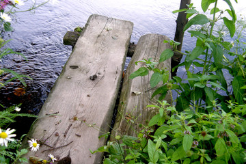 Niewielki drewniany pomost  na brzegu jeziora © Radosaw