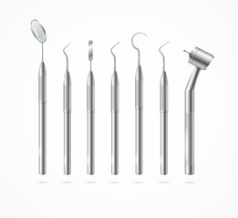 Realistic Detailed 3d Stainless Professional Dental Tools Set. Vector