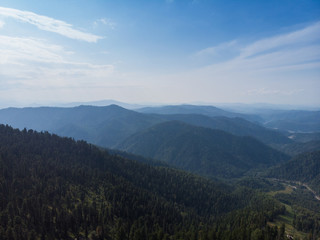 Beauty day in the mountains in Altay, panoramic picture. Aerial shot on drone