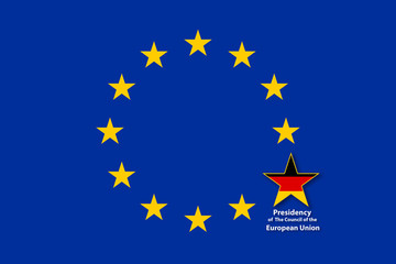 EU Flag, one of the 12 stars bigger than the others and with the flag of Germany inside. Germany will hold the presidency of the Council of the Eropean Union for the period July to December 2020