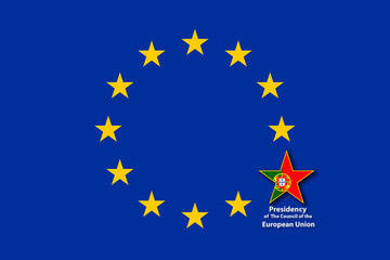 EU Flag, one of the 12 stars bigger than the others and with the flag of Croatia inside. Portugal will hold the presidency of the Council of the Eropean Union for the period January to June 2021