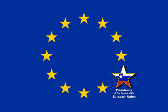 EU Flag, one of the 12 stars bigger than the others and with the flag of Slovenia inside. Germany will hold the presidency of the Council of the Eropean Union for the period July to December 2020