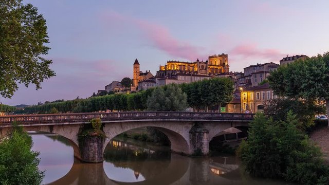 day to night timelapse of the old town of Auch