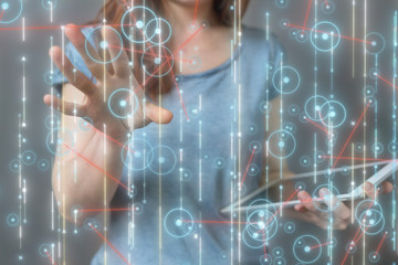 Businessman pressing document icon over computer binary code