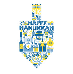 Jewish holiday Hanukkah greeting card traditional Chanukah symbols - wooden dreidels spinning top with donuts, menorah candles, oil jar, star David illustration.