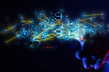 Businessman pressing document icon over computer binary code