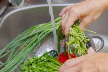 Tomatoes, cucumbers and greens washes with water under the tap young woman