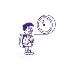 cute little student boy with bag school and clock