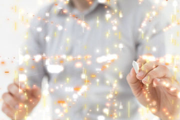 Businessman pressing document icon over computer binary code