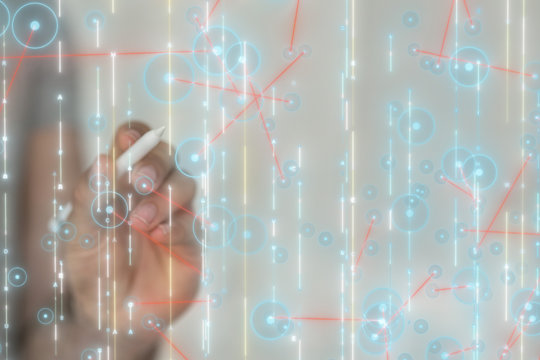 Businessman pressing document icon over computer binary code