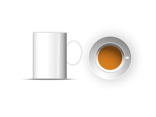 two cups of tea. White color. view from the front and view from the top. 