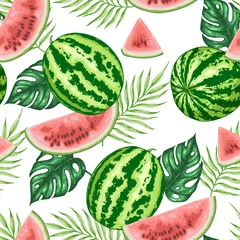 Foto op Plexiglas Watermeloen Naadloos patroon met watermeloen en palmbladeren