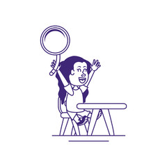 little student girl with magnifying glass in school desk