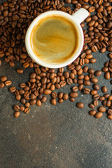coffee cup and coffee grain (fresh, hot, aromatic drink). top food background. copy space
