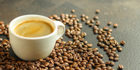 coffee cup and coffee grain (fresh, hot, aromatic drink). top food background. copy space