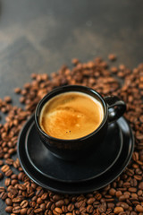 coffee cup and coffee grain (fresh, hot, aromatic drink). top food background. copy space