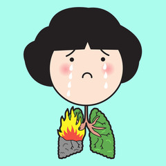 Hopeless Sad Crying Girl With Burning Lungs. How The Environment Affects Your Life Symbol Sign Icon Concept Card Character illustration