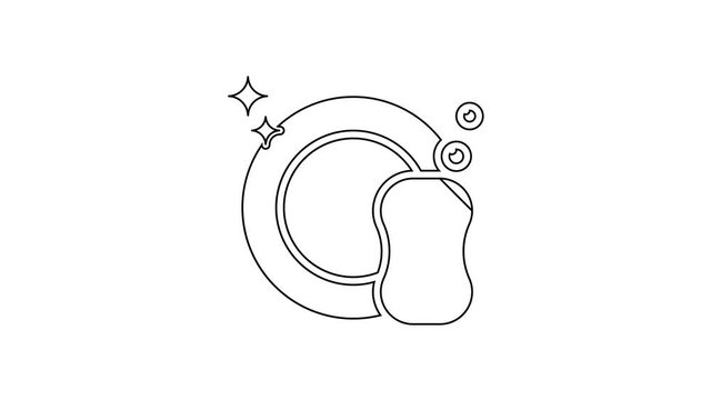 Black Washing dishes line icon on white background. Plate and sponge. Cleaning dishes icon. Dishwasher . Clean tableware . 4K Video motion graphic animation