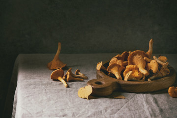 Forest chanterelle mushrooms, raw uncooked, on wooden cutting board with yellow autumn leaves on grey linen table cloth with concrete wall as background. Flat lay, space