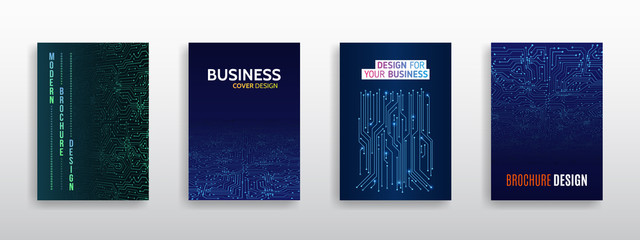 Science and innovation hi-tech background. Flyer design of tech elements. Futuristic business cover layout. Technology modern brochure templates.