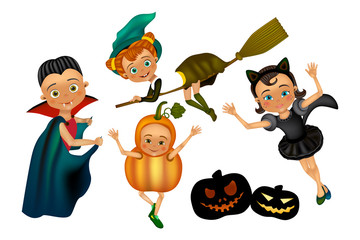 Halloween kids character in costume: pumpkin, black cat, dracula, witch