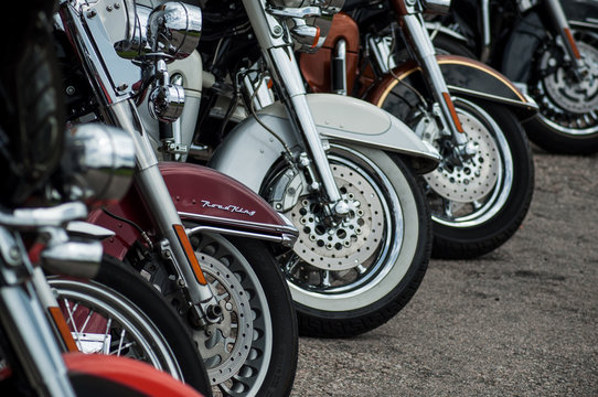 Gerarmer - France -26 May 2018 - closeup of Harley Davidson mototorbike alignment parked in the street