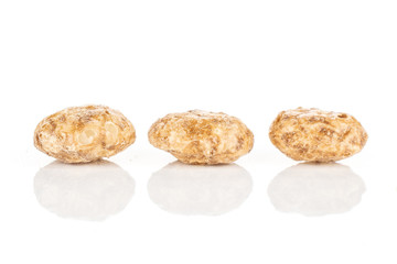 Group of three whole chocolate ball breakfast cereals isolated on white background