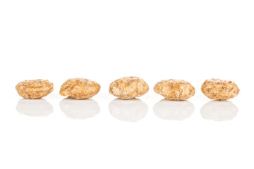 Group of five whole chocolate ball breakfast cereals isolated on white background