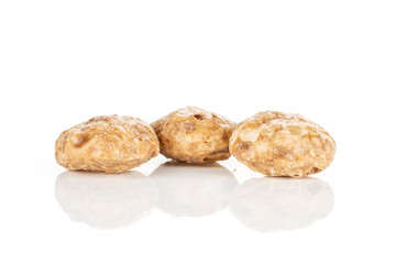 Group of three whole crispy chocolate ball breakfast cereals isolated on white background