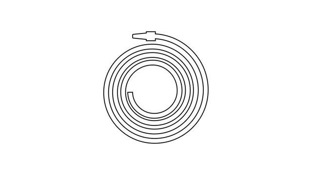 Black Garden hose or fire hose line icon on white background. Spray gun icon. Watering equipment. 4K Video motion graphic animation