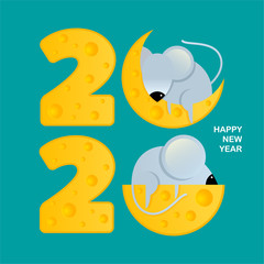 Square banner for Happy New Year, symbol of 2020. Mice on pieces of cheese. Template for greeting card, poster, flyer. Vector illustration