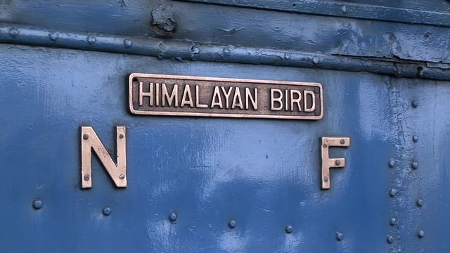 Detail of engraved name plate attached to the Himalayan Bird locomotive steam engine's firebox.