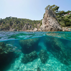 Spain rocky coastline with rocks and fish underwater near Calella de Palafrugell, Costa Brava, Mediterranean sea, Catalonia, split view half over and under water