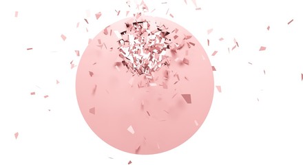 Obraz na płótnie Canvas Imitation of powder, eye shadow, blush - 3D, render.Exploding pastel pink balloon on white background - isolated. Abstract shape with particles for design, cosmetics advertising - template,banner.