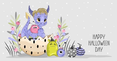 Halloween invitation. Greeting card template with cute Dragons, pumpkins and handwritten inscription phrase 