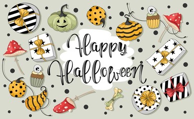 Halloween invitation. Greeting card template with cute   pumpkins and handwritten inscription phrase " Happy Halloween"