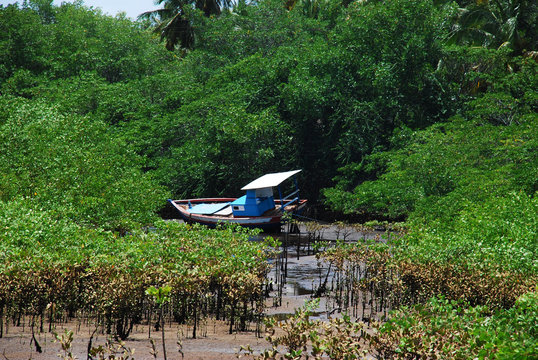 Barco em praia em Alagoas, Nordeste do Brasil.