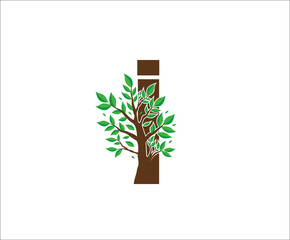 Abstract I Logo Letter Made From Brown Tree Branches with green leaves. Tree Letter Design with Minimalist Creative Style.