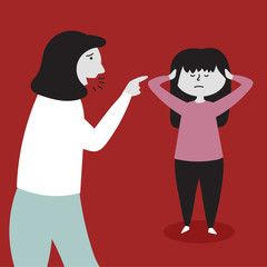Mom yells at her daughter. The child does not listen, covers his ears with his hands. Child abuse. Editable Vector Illustration